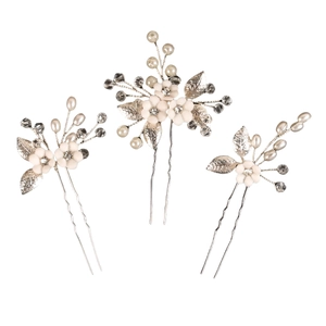 Set of 3 white ceramic flower and pearl bridal hair pins with silver leaves