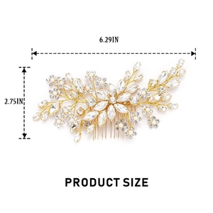Gold bridal hair comb with pearls and crystals measuring 6.29 x 2.75 inches