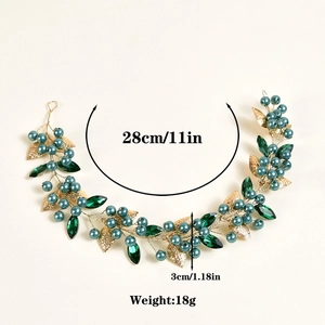 Vue détaillée des dimensions du bandeau en cristal vert et feuilles dorées, longueur 28cm