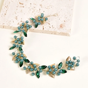 Serre-tête feuilles dorées avec cristaux émeraude et perles sarcelle pour coiffure de mariée