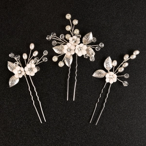 Elegant White Ceramic Flower Leaf Bridal Hair Pins With Rhinestone Artificial Pearl Accents For Wedding Party Women Hair Accessories