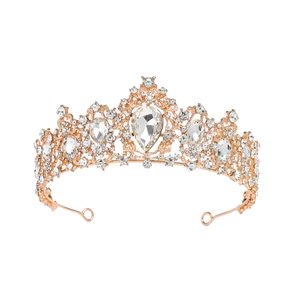 Elegant rose gold bridal tiara with sparkling crystal rhinestones and pear-cut center diamond