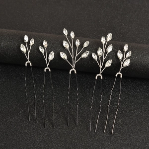 5-piece bridal hair pin set with crystal leaf design on black U-shaped forks