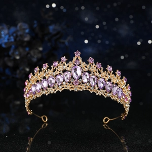 Elegante corona da sposa dorata con cristalli viola per matrimoni e feste di compleanno