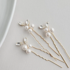 Set of 3 handmade U-shaped bridal hair pins with gold metal pearls and crystals