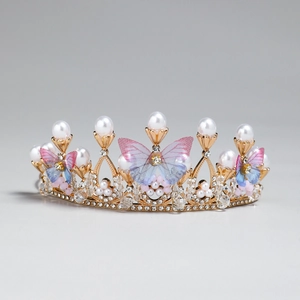 Couronne de mariée papillon de luxe avec tulle dégradé rose bleu et perles blanches