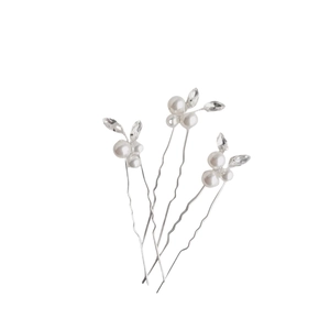 Set of 3 elegant bridal hair pins with white pearls and sparkling crystal leaves