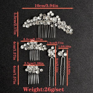 5-piece silver rhinestone hair comb and U-shaped hairpin set for bridal weddings