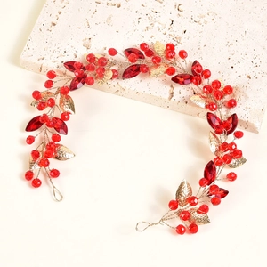 Serre-tête fait main avec feuilles dorées et perles de cristal rouge pour mariées