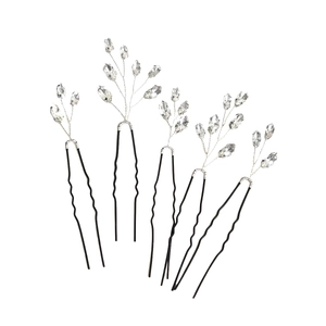 5-piece set of U-shaped bridal hair pins with black metal forks and clear crystal leaves
