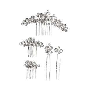 Handmade 5-piece silver bridal hair set with rhinestones, including combs and U-shaped pins