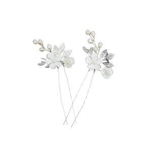 Spille per capelli da sposa con petali bianchi, perle e foglie in metallo argento