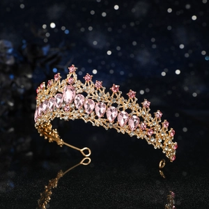 Lussuosa corona dorata con pietre preziose rosa a goccia per matrimoni e feste
