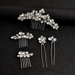 Five-piece bridal hair jewelry set with silver crystal combs and floral hairpins