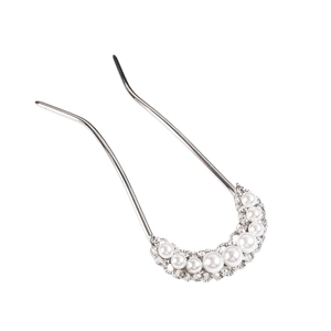 U-shaped hair pin with white pearls and rhinestones for elegant styling