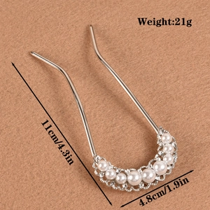 Detailed size view of elegant U-shaped hair fork with pearls and crystals 11cm x 4.8cm