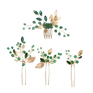 Gold leaf side comb and emerald crystal hair pin set for bridal wedding hairstyles