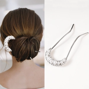 Vintage Artificial Pearl Rhinestone U-Shaped Hair Fork Alloy Metal Moon Shape Hair Stick For Women Elegant Wedding Party Hair Styling Jewelry