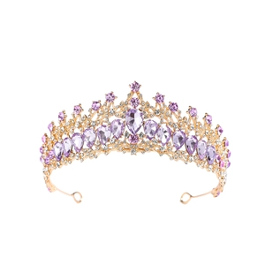 Tiara da sposa dorata con cristalli viola a goccia e pietre rosa per matrimoni