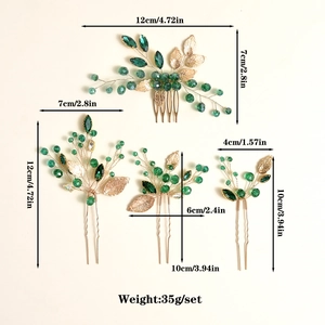 Green crystal and golden leaf bridal hair comb set with floral handmade pins