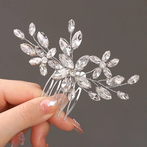 Exquisite bridal hair comb with silver flowers and clear rhinestones for wedding styling