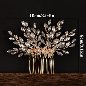 Handmade gold bridal hair comb with crystal leaves and beads, dimensions 10x8cm