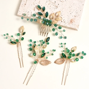Emerald Green Rhinestone Gold Leaf Hair Comb And Hairpins Bridal Wedding Hair Accessories For Women Handmade Floral Headpiece