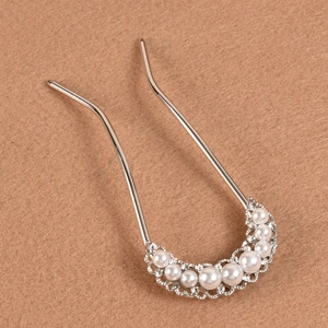 Elegant U-shaped silver hair pin with white gradient pearls and sparkling rhinestones