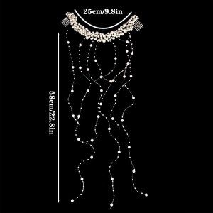 Bridal hair comb with pearl fringe tassels showing size dimensions 25cm by 58cm
