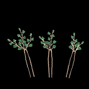 Lot de trois épingles à cheveux dorées en U avec perles de cristal vertes et fleurs