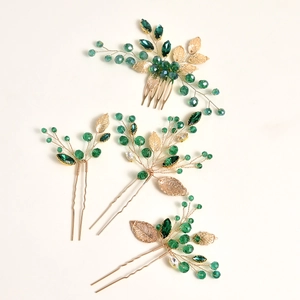 Emerald crystal and golden leaf bridal hair comb set for weddings and banquets
