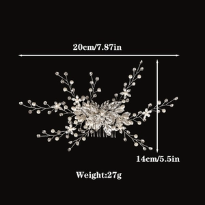 Detail view of handmade bridal hair comb with pearls and rhinestones, 20cm x 14cm size
