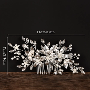 Detail view of handmade flower bridal hair comb with pearls and rhinestones 14cm width