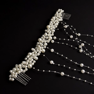 Elegant bridal hair comb with handmade white pearls and hanging fringe tassels