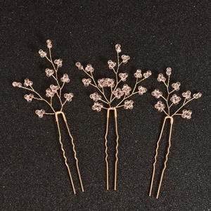 Détails d'épingles à cheveux en fil dore faites à la main avec perles roses, lot de 3