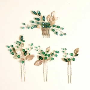 Emerald crystal and golden leaf bridal hair comb set with four handmade hairpins