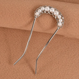 Elegant U-shaped silver hair pin with white pearls and sparkling rhinestones for women