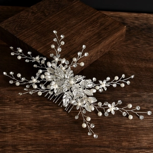 Handmade Silver Alloy Floral Bridal Hair Comb With Rhinestone Imitation Artificial Pearl Wedding Headpiece For Bride Women Accessories