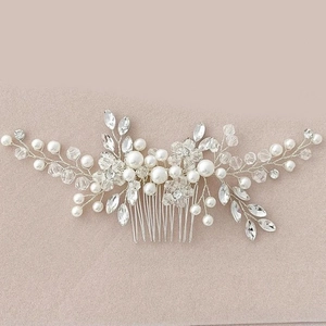 Silver bridal hair comb with handmade white faux pearls and sparkling crystal floral design