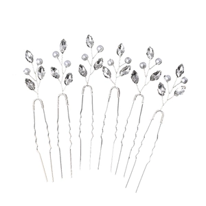Set of 6 silver bridal U-shaped hair pins with emerald crystals and white pearls