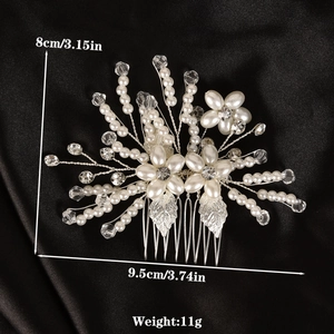 Elegant bridal hair comb with white pearls, rhinestones and silver floral beads