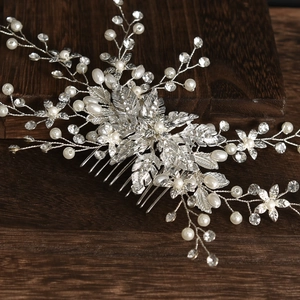 Handmade bridal hair comb with silver leaves, white pearls and sparkling crystals