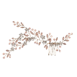 Peigne à cheveux de mariée en or rose avec pierres opales, strass et perles d'imitation