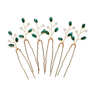 Set of 6 gold wire U-shaped hair pins with emerald green crystals and white pearls