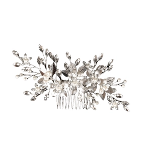 Silver bridal hair comb with elegant flowers, pearls, and crystals for wedding hairstyles
