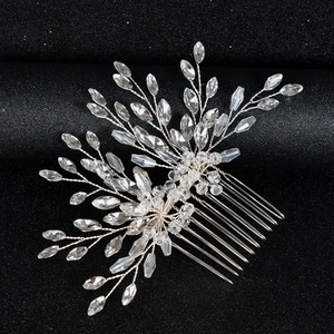 Silver bridal hair comb with crystal marquise stones and leaf shape wire design