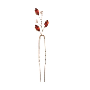 Elegant U-shaped hair pin with gold metal wire, red gemstones and white pearls