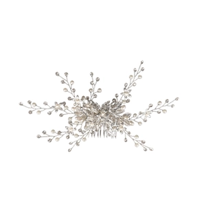 Silver bridal hair comb with pearls, crystals, and metal leaves for wedding hairstyles