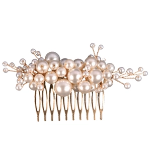 Handmade gold bridal hair comb with elegant white pearls for wedding hairstyles