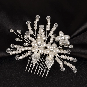 Elegant bridal hair comb with white pearls, crystal flowers and silver leaf accents